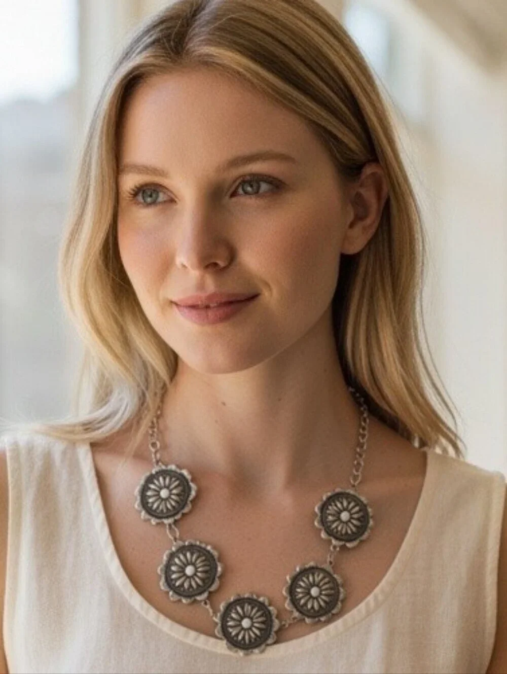 Silvertone Floral Medallion Necklace